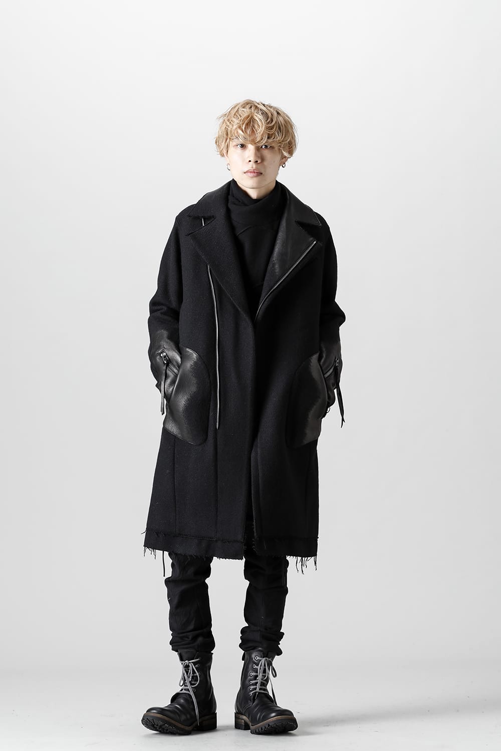 Leather Needle Punch Double Breasted Coat Black