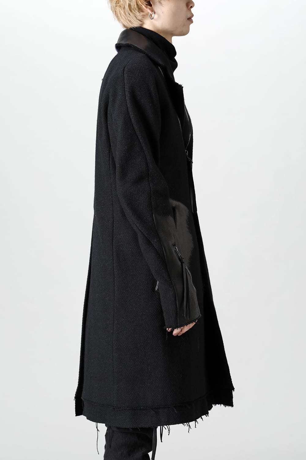 Leather Needle Punch Double Breasted Coat Black