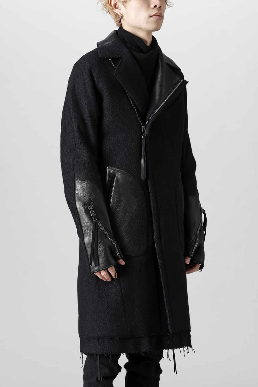 Leather Needle Punch Double Breasted Coat Black