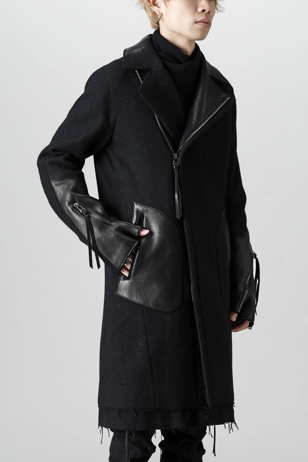Leather Needle Punch Double Breasted Coat Black