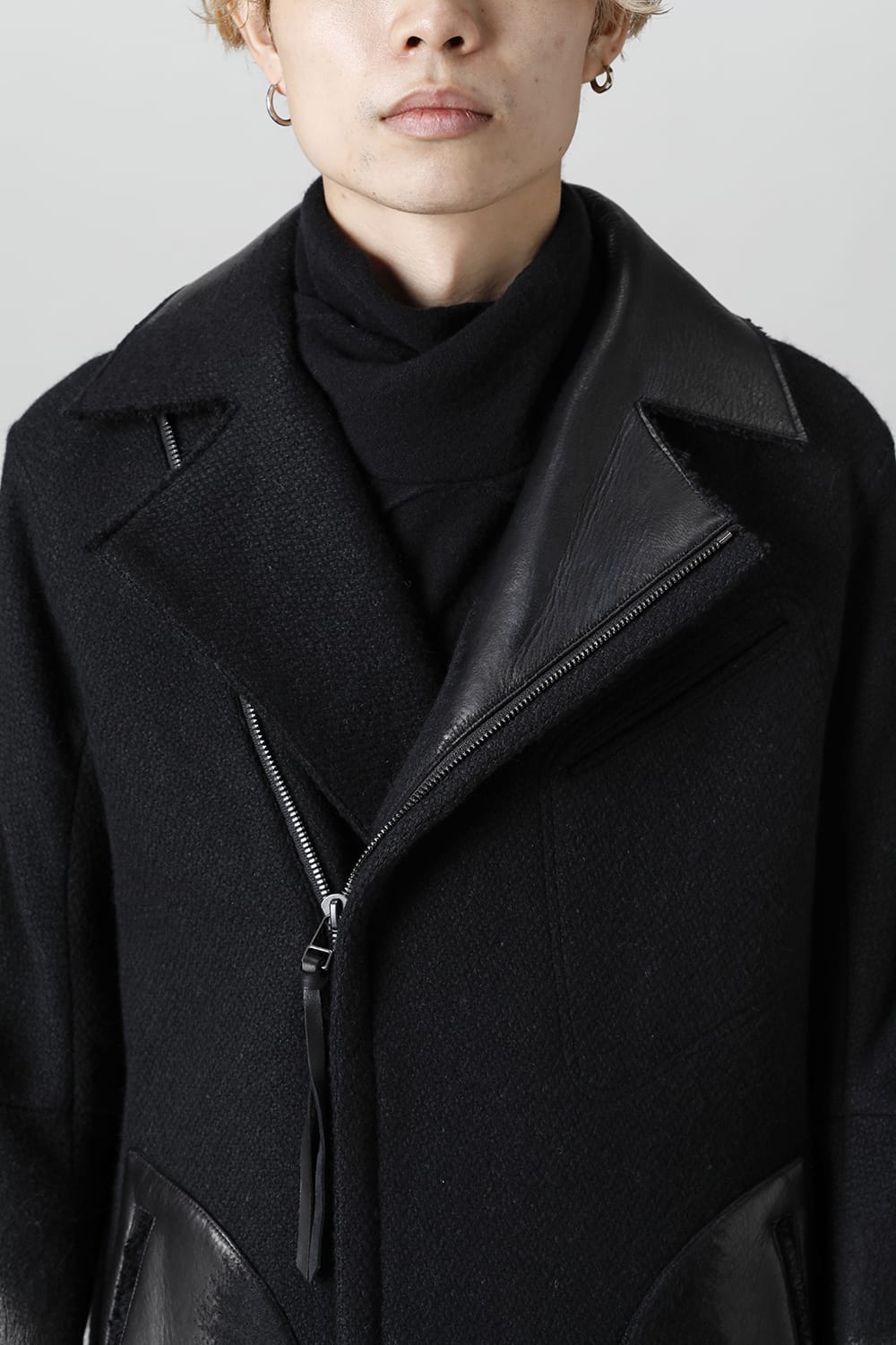 Leather Needle Punch Double Breasted Coat Black
