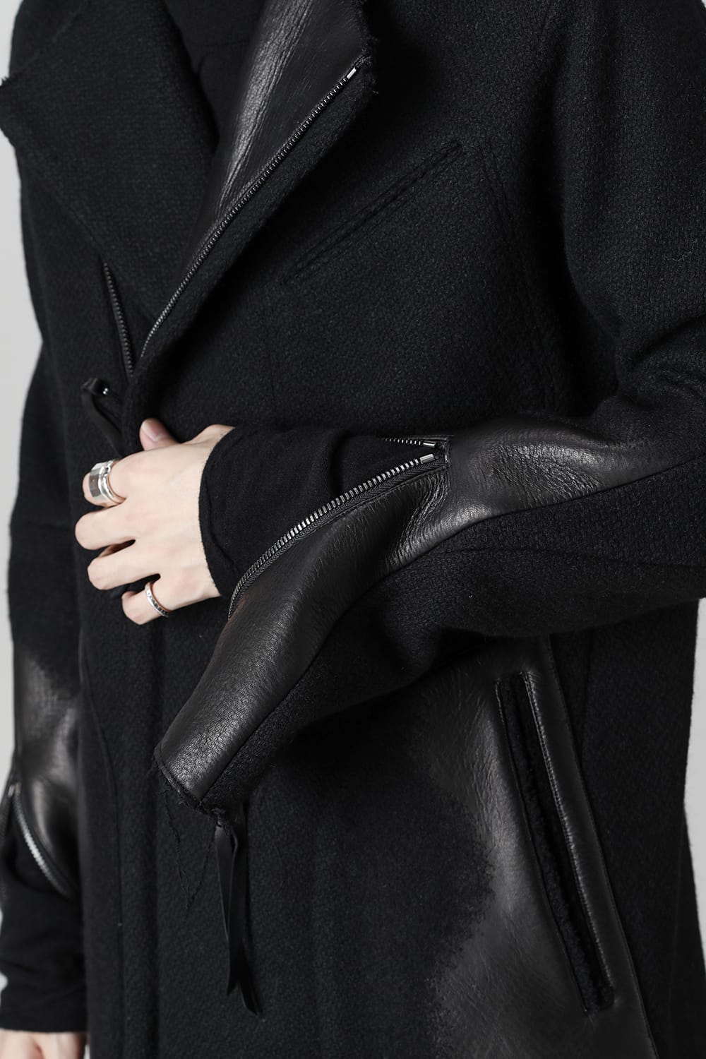Leather Needle Punch Double Breasted Coat Black