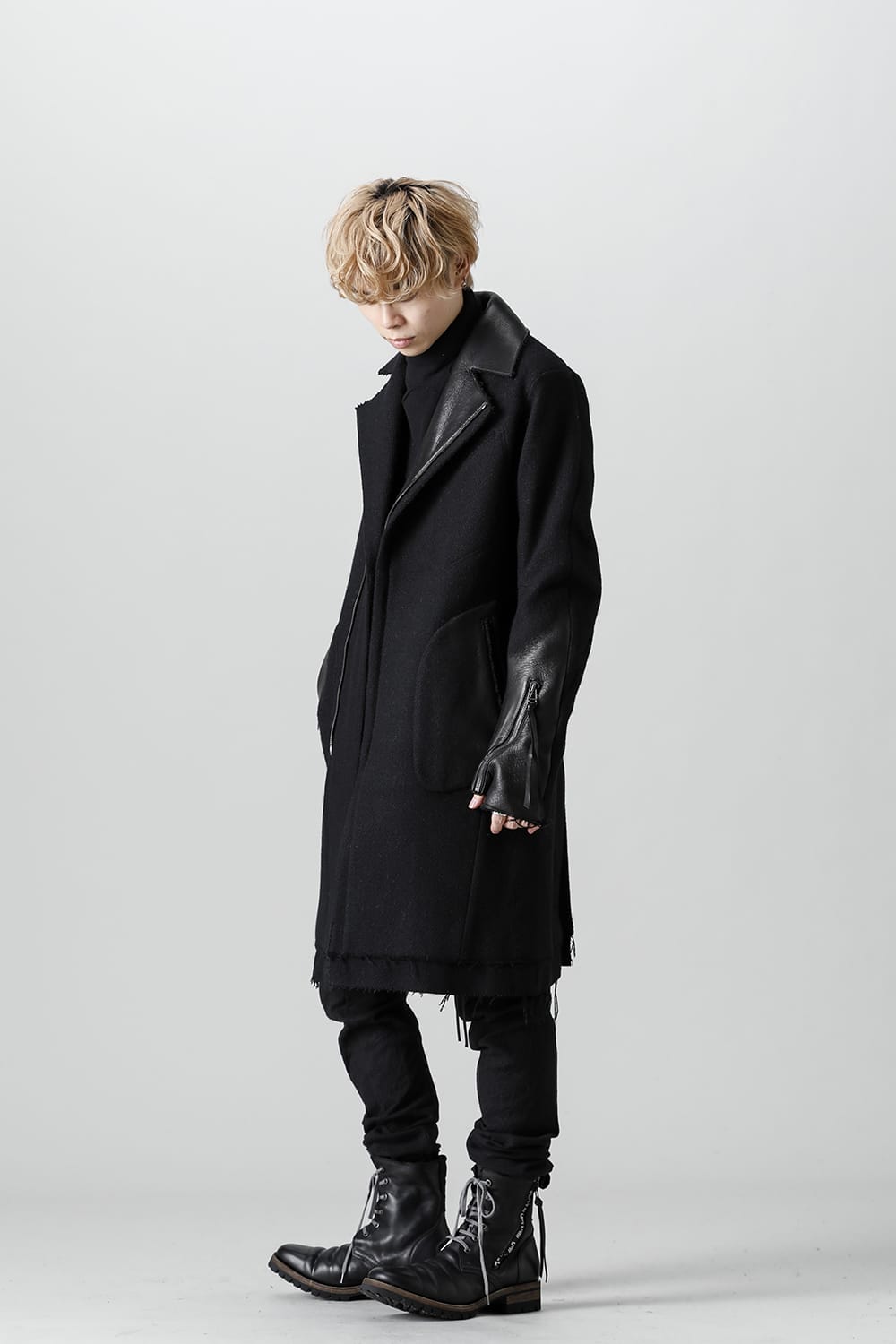 Leather Needle Punch Double Breasted Coat Black