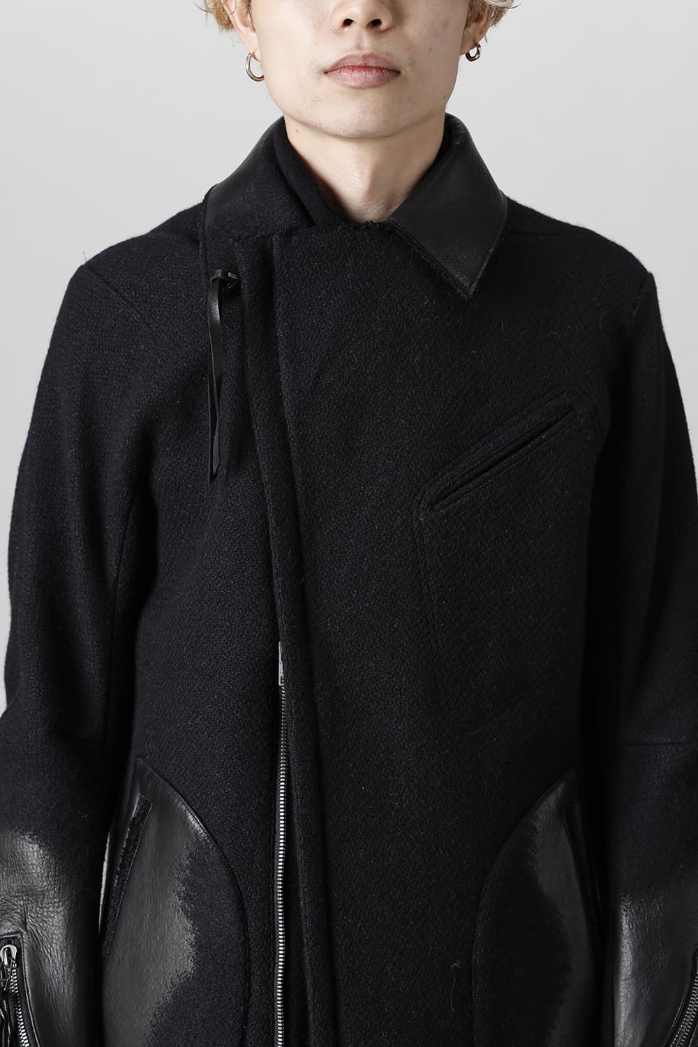 Leather Needle Punch Double Breasted Coat Black