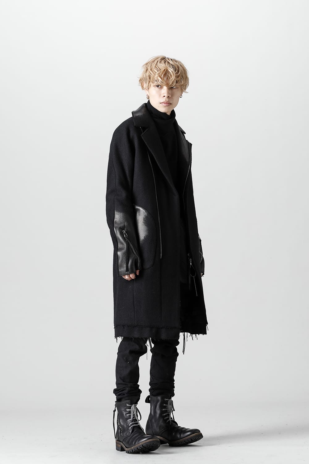 Leather Needle Punch Double Breasted Coat Black