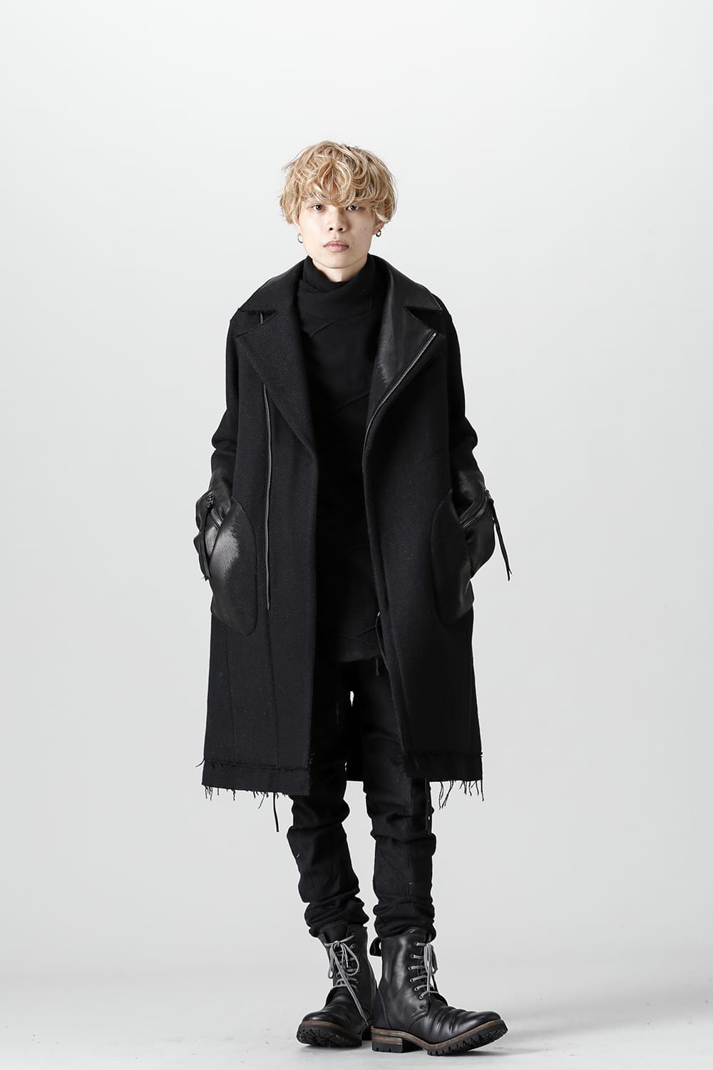 Leather Needle Punch Double Breasted Coat Black