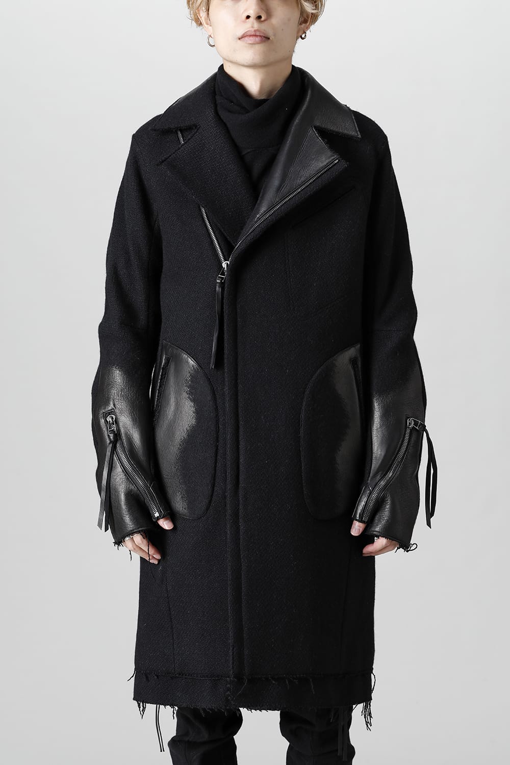 Leather Needle Punch Double Breasted Coat Black