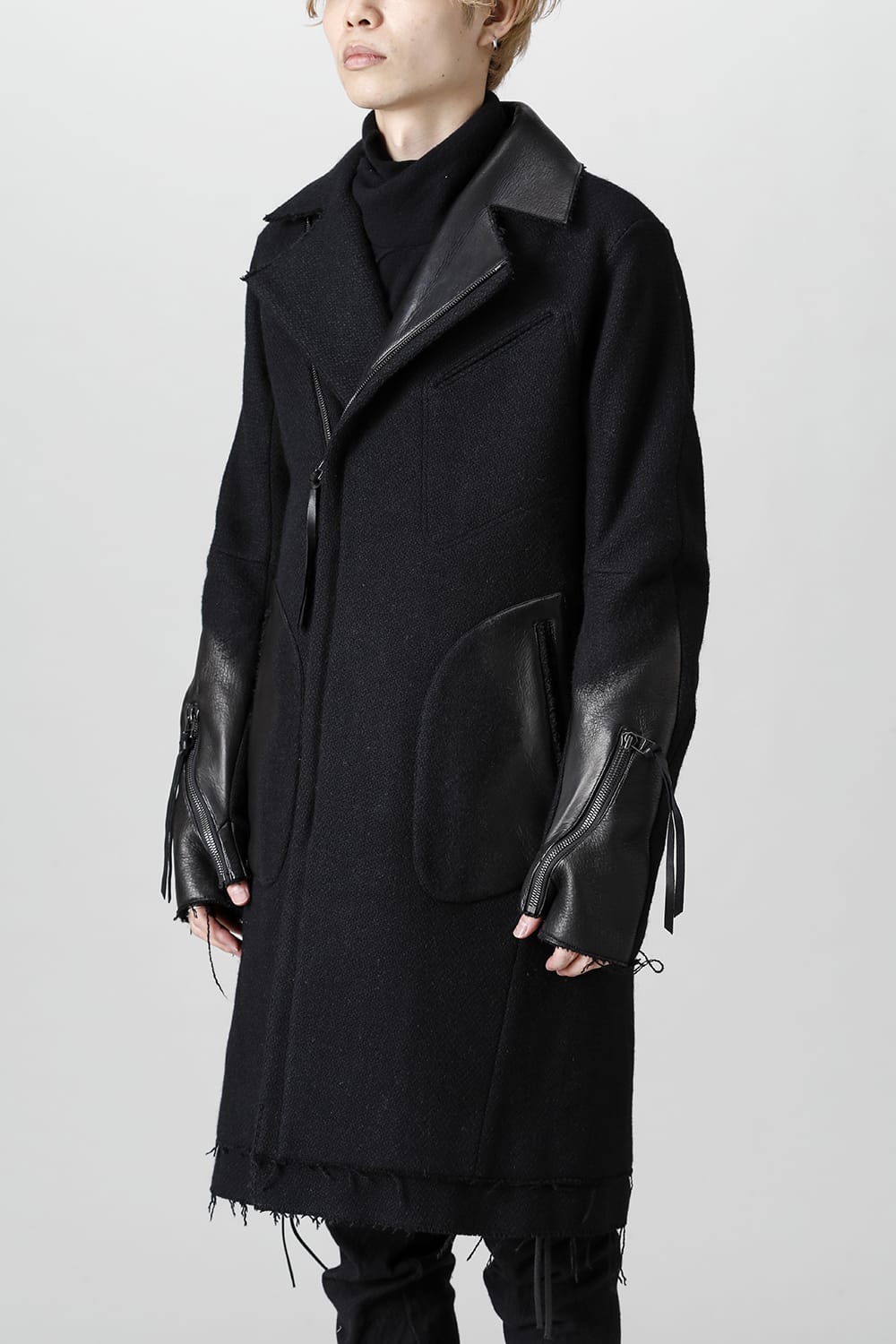 Leather Needle Punch Double Breasted Coat Black