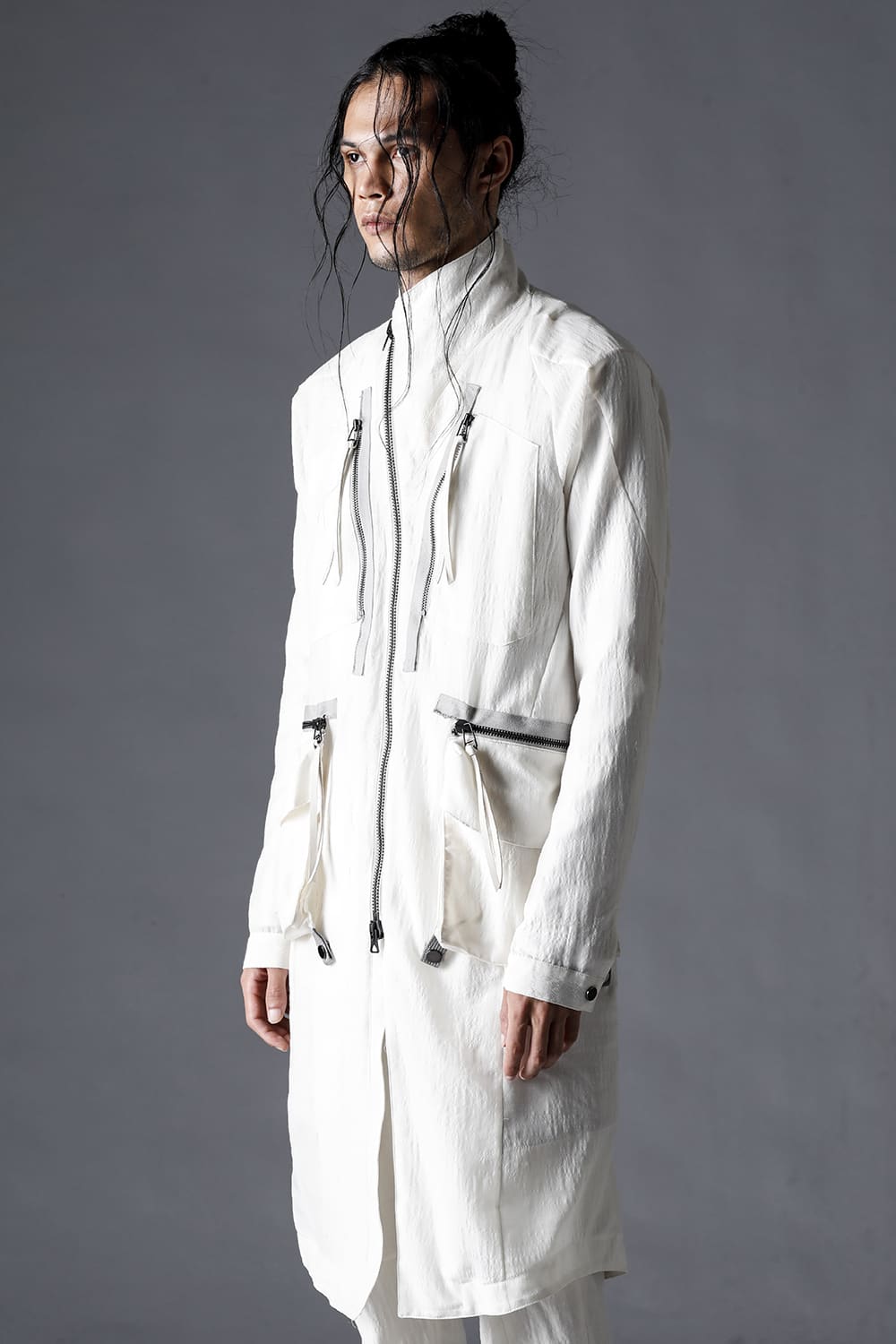 Summer Wool And Cupro-Washer Lawn Wrap High Neck Coat Bone White