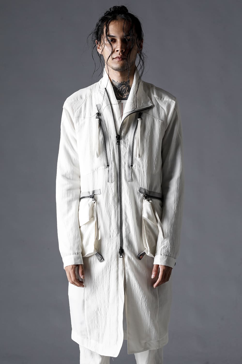 Summer Wool And Cupro-Washer Lawn Wrap High Neck Coat Bone White