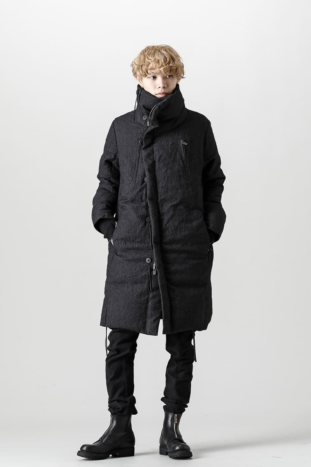 Wool x Linen High-Neck Long Down Coat Black