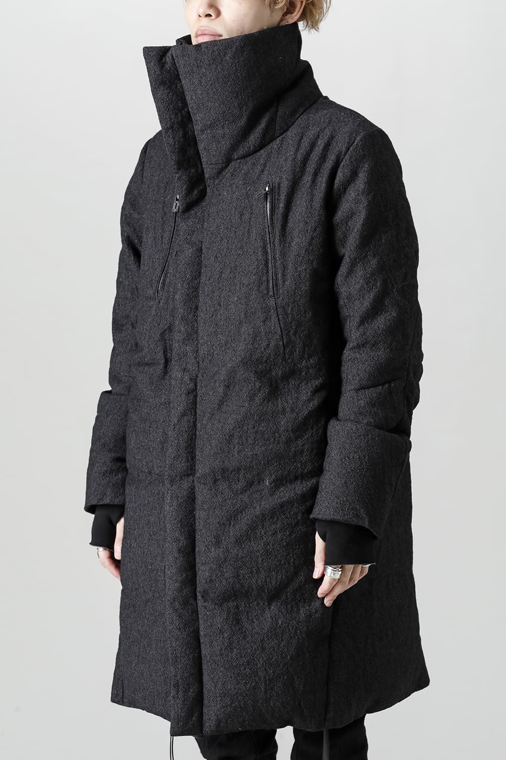 Wool x Linen High-Neck Long Down Coat Black