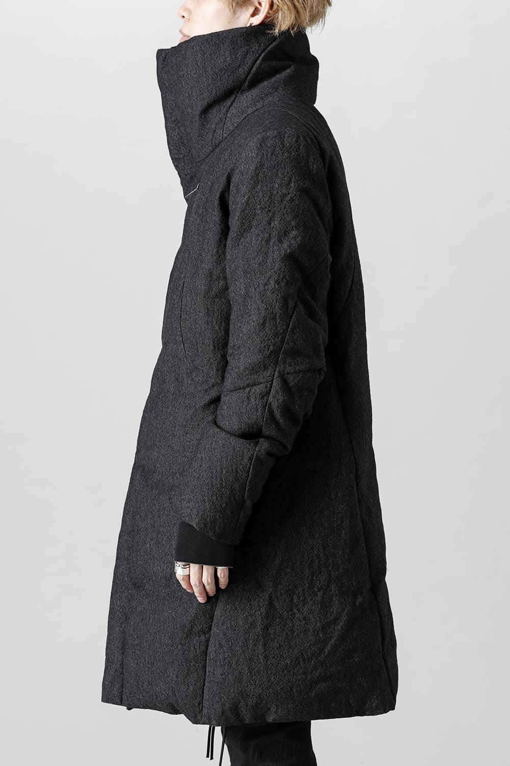 Wool x Linen High-Neck Long Down Coat Black