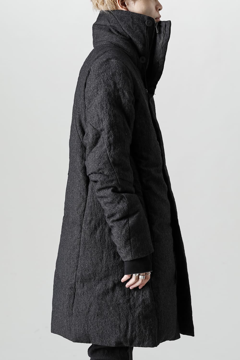 Wool x Linen High-Neck Long Down Coat Black