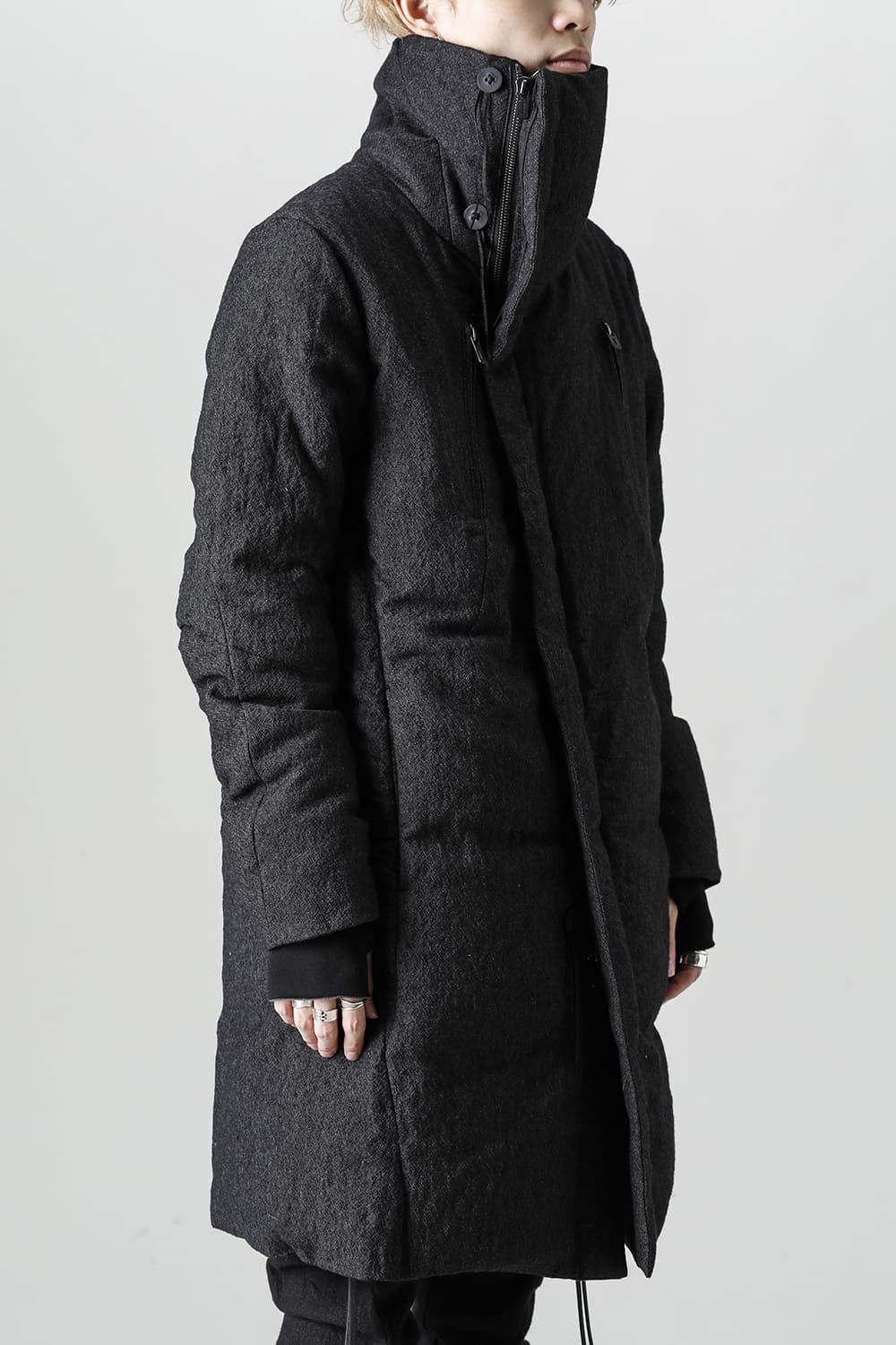 Wool x Linen High-Neck Long Down Coat Black