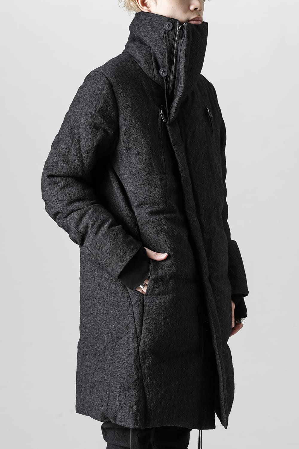 Wool x Linen High-Neck Long Down Coat Black