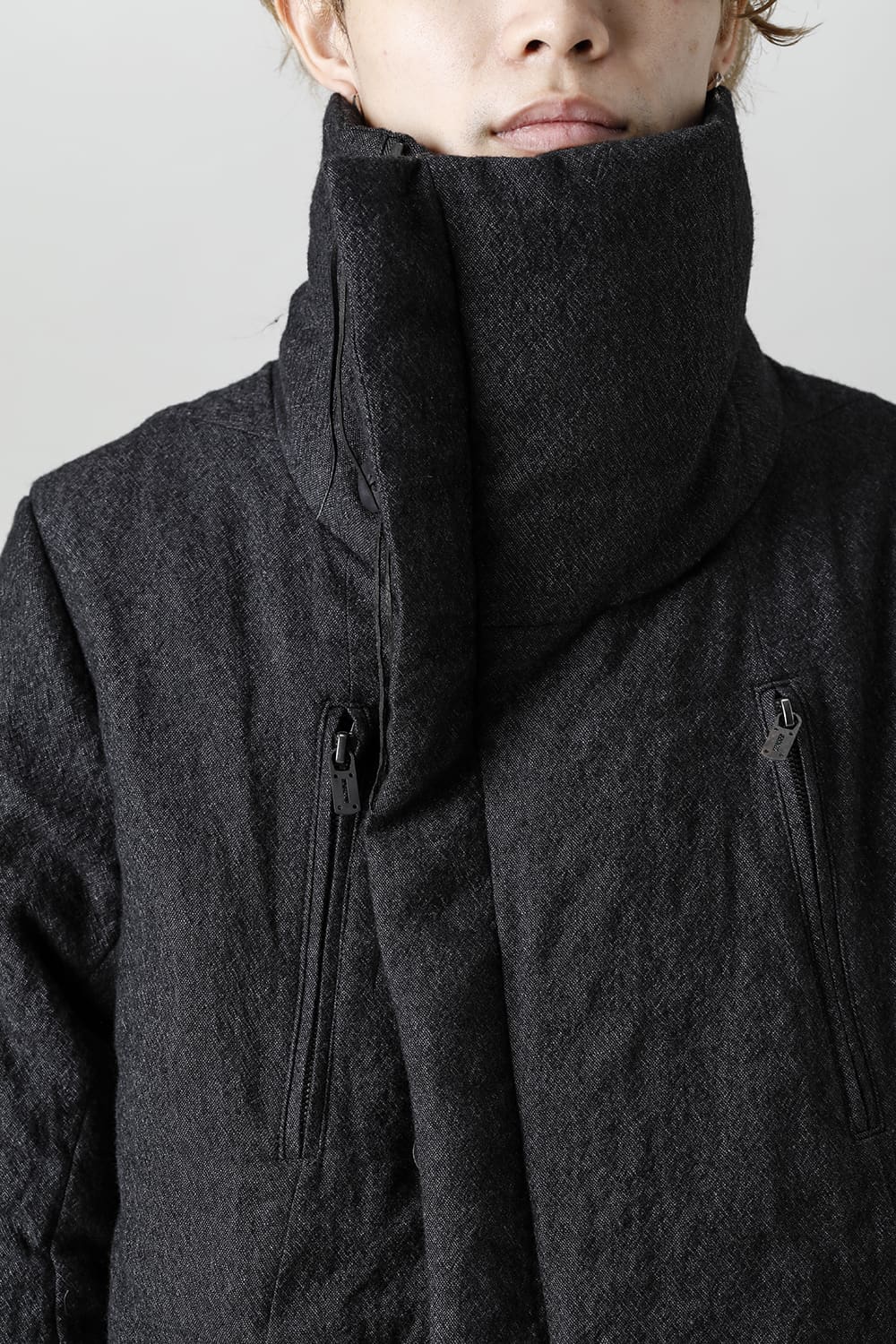 Wool x Linen High-Neck Long Down Coat Black