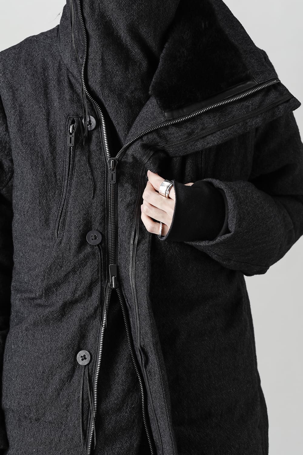 Wool x Linen High-Neck Long Down Coat Black