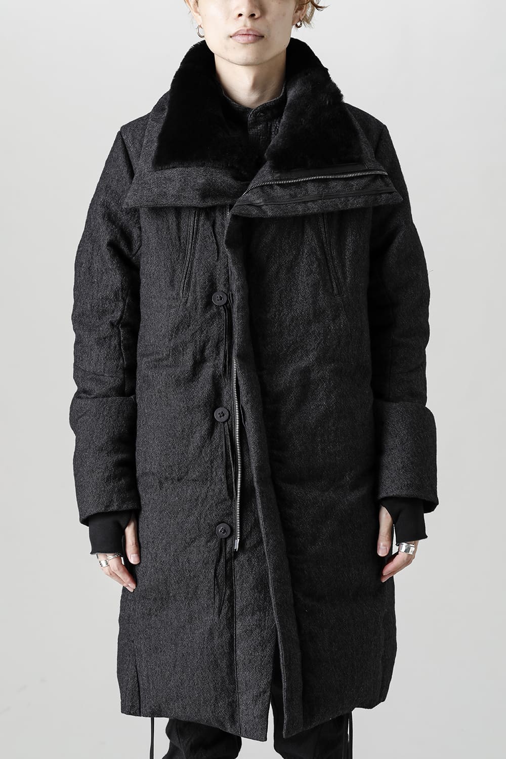 Wool x Linen High-Neck Long Down Coat Black