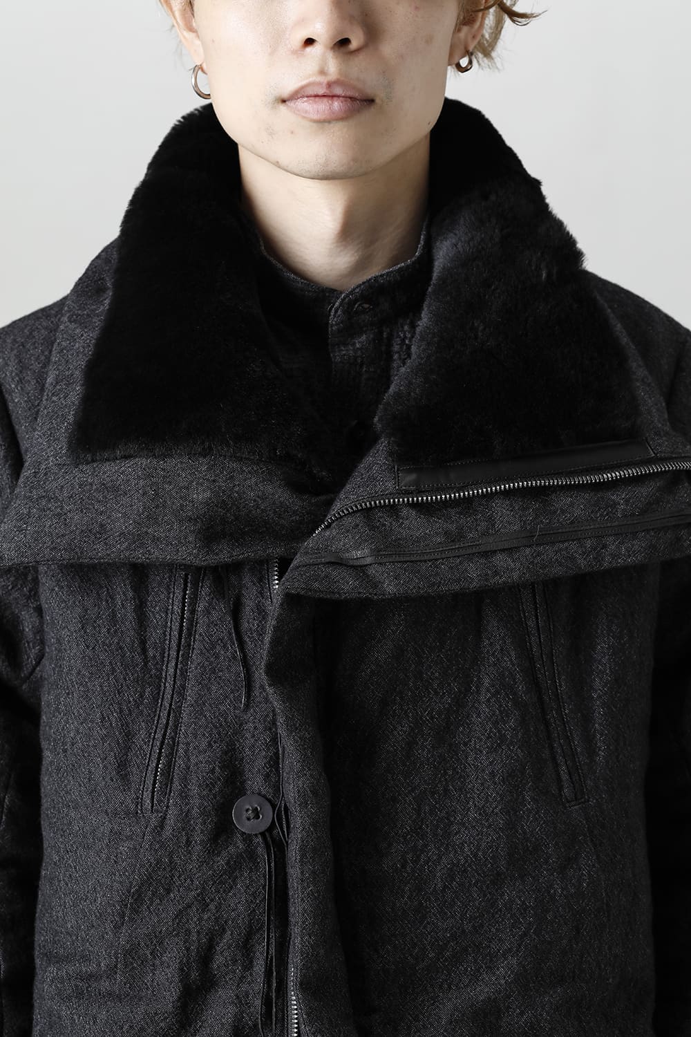 Wool x Linen High-Neck Long Down Coat Black