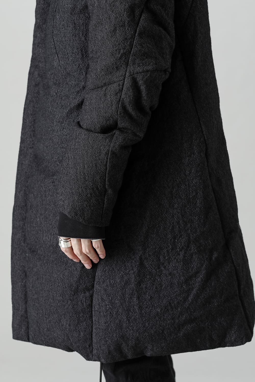 Wool x Linen High-Neck Long Down Coat Black