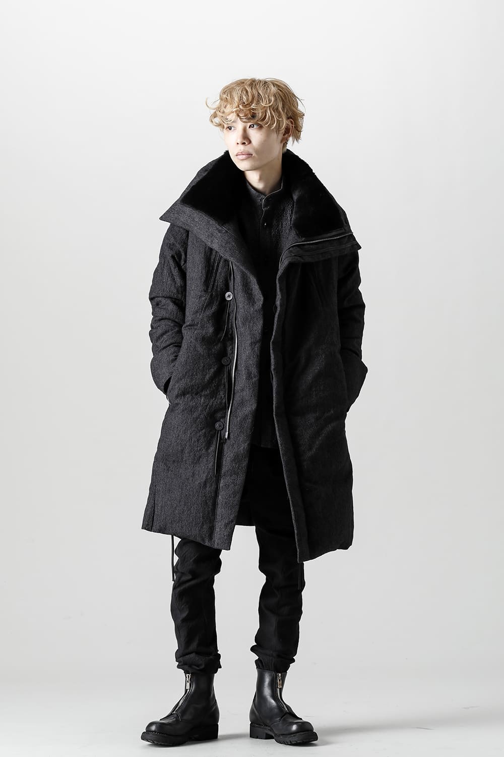 Wool x Linen High-Neck Long Down Coat Black