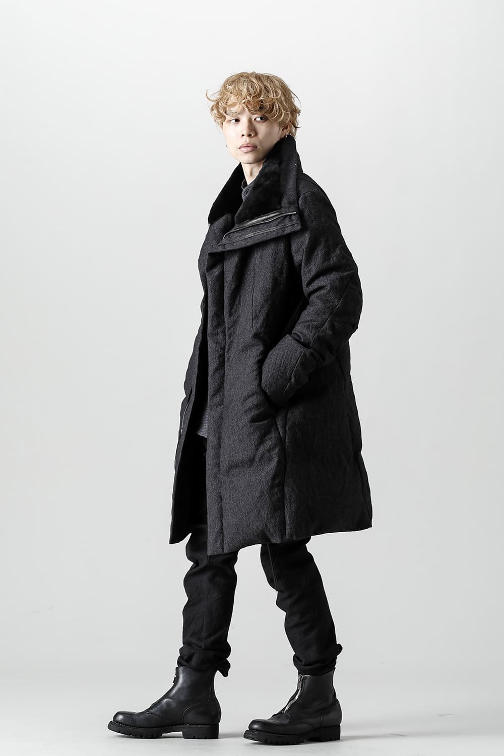 Wool x Linen High-Neck Long Down Coat Black