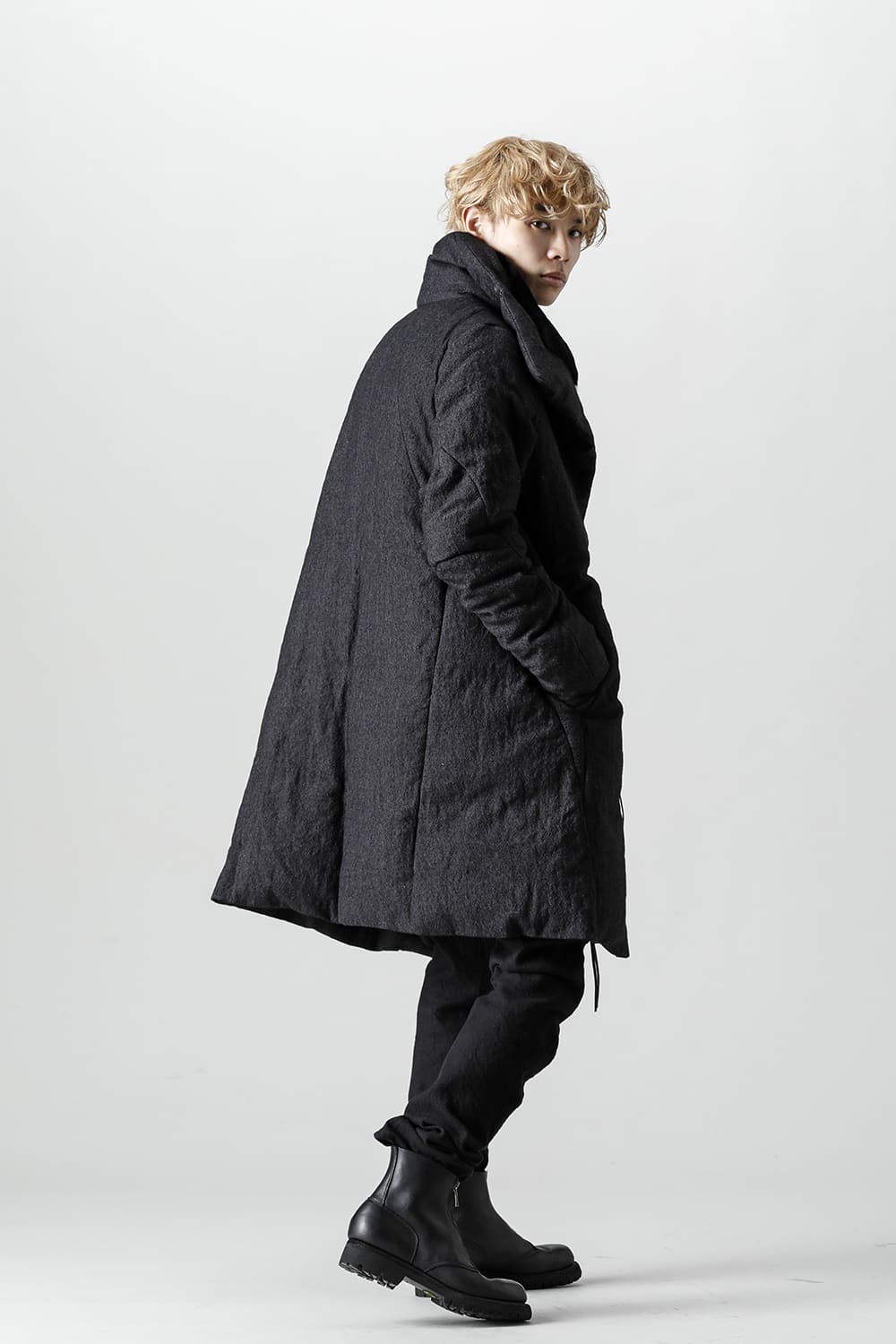 Wool x Linen High-Neck Long Down Coat Black