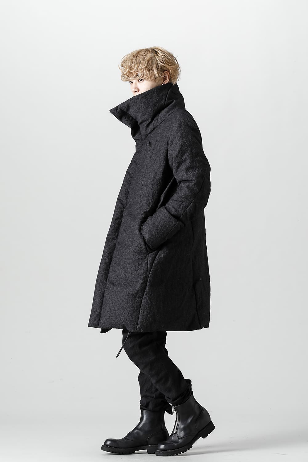 Wool x Linen High-Neck Long Down Coat Black