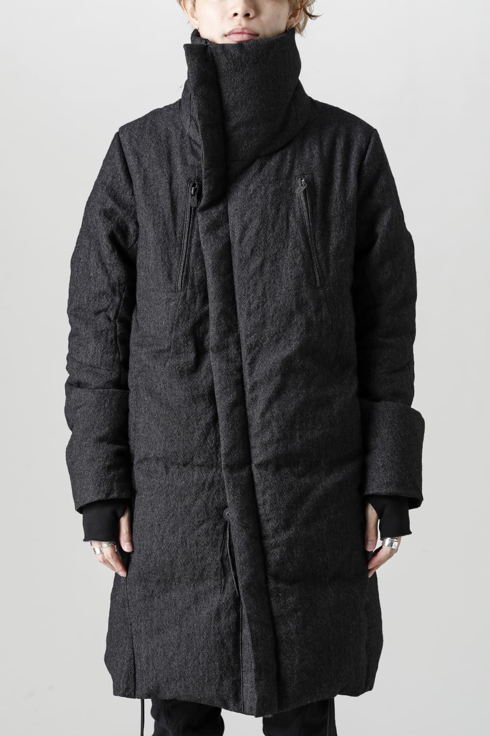 Wool x Linen High-Neck Long Down Coat Black