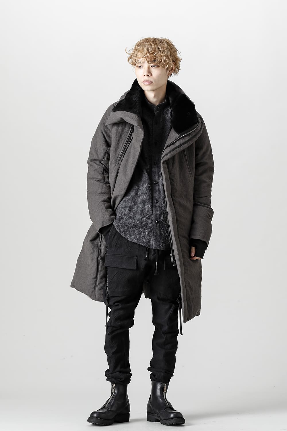 Wool x Linen High-Neck Long Down Coat CHARCOAL