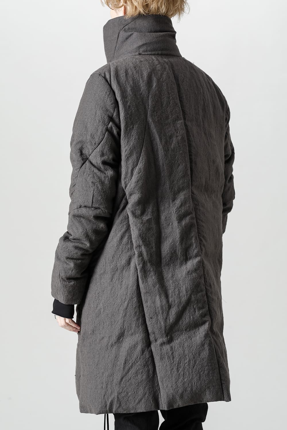 Wool x Linen High-Neck Long Down Coat CHARCOAL