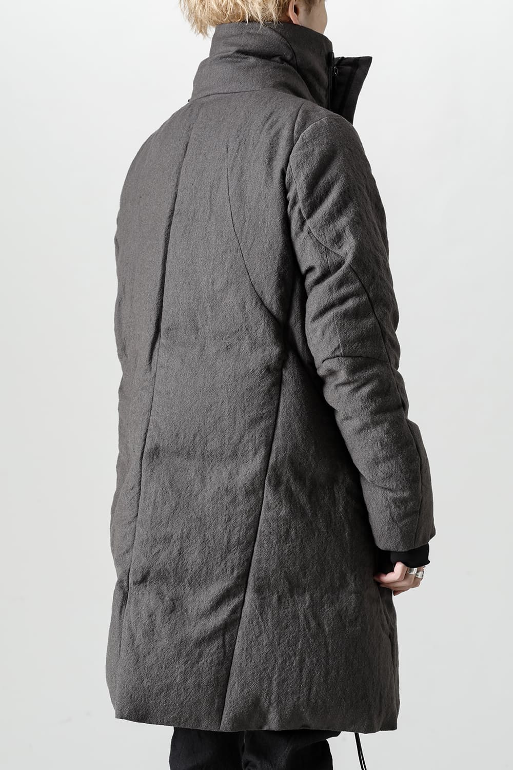 Wool x Linen High-Neck Long Down Coat CHARCOAL