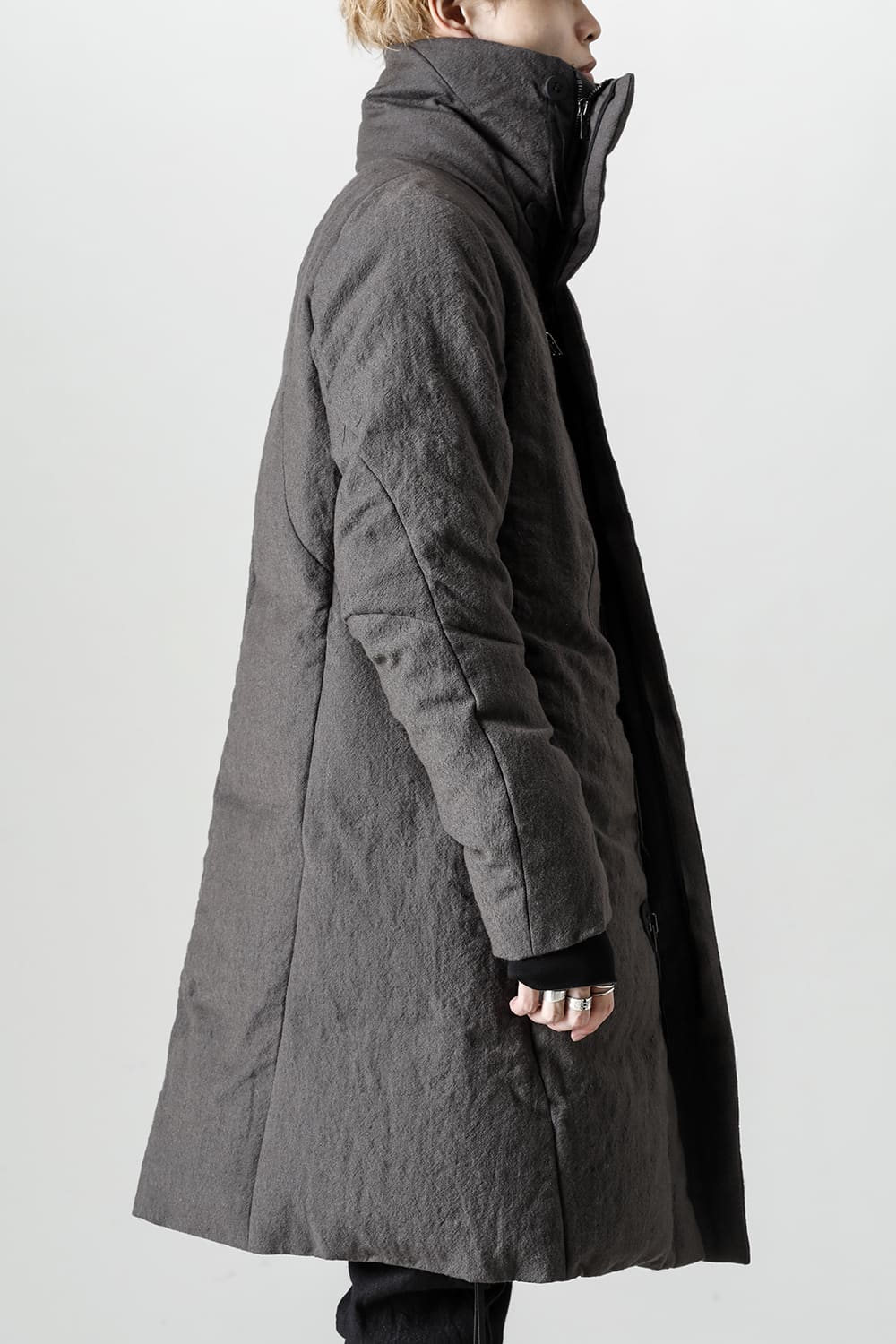 Wool x Linen High-Neck Long Down Coat CHARCOAL