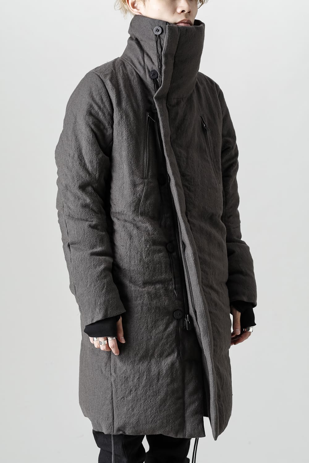 Wool x Linen High-Neck Long Down Coat CHARCOAL