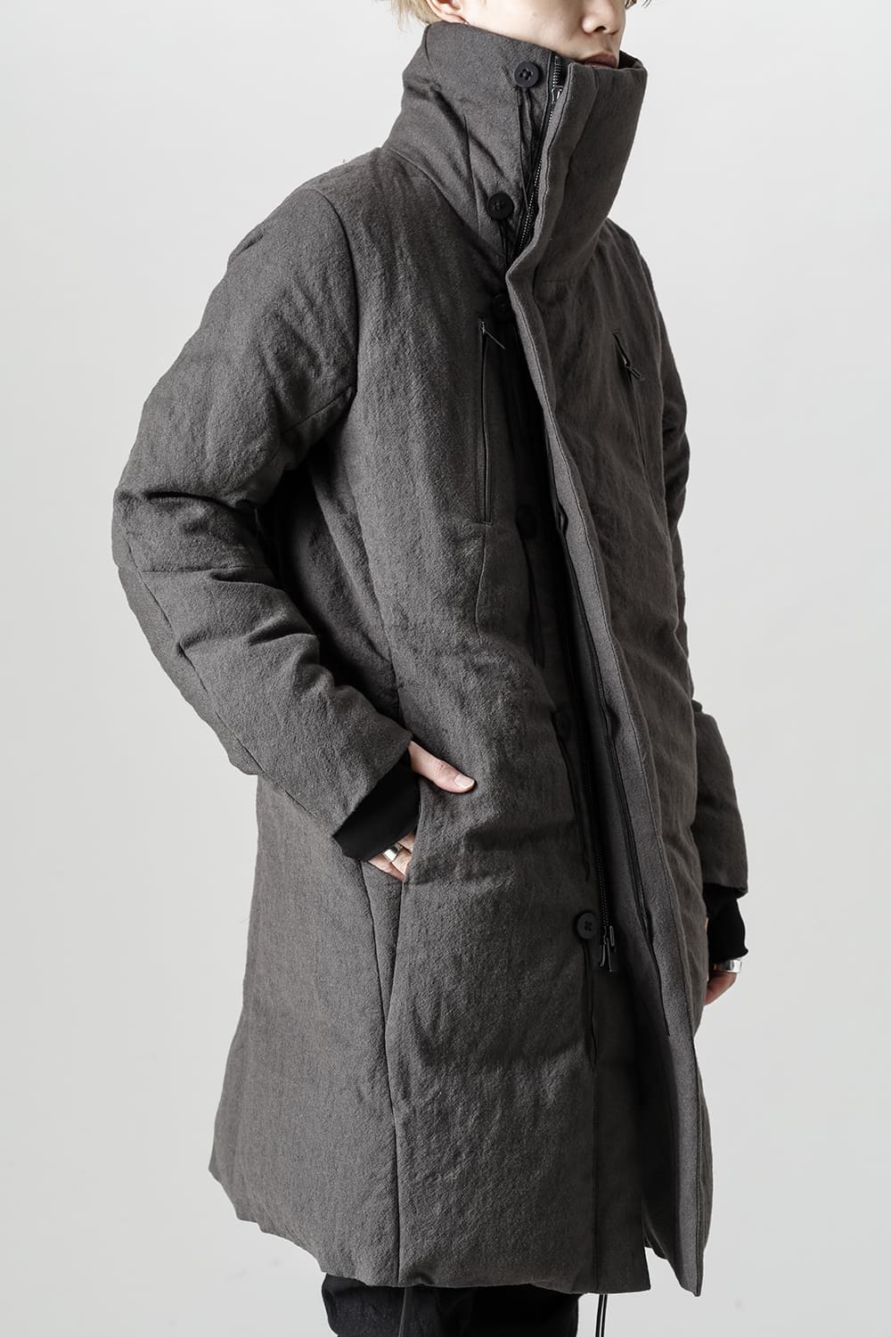 Wool x Linen High-Neck Long Down Coat CHARCOAL