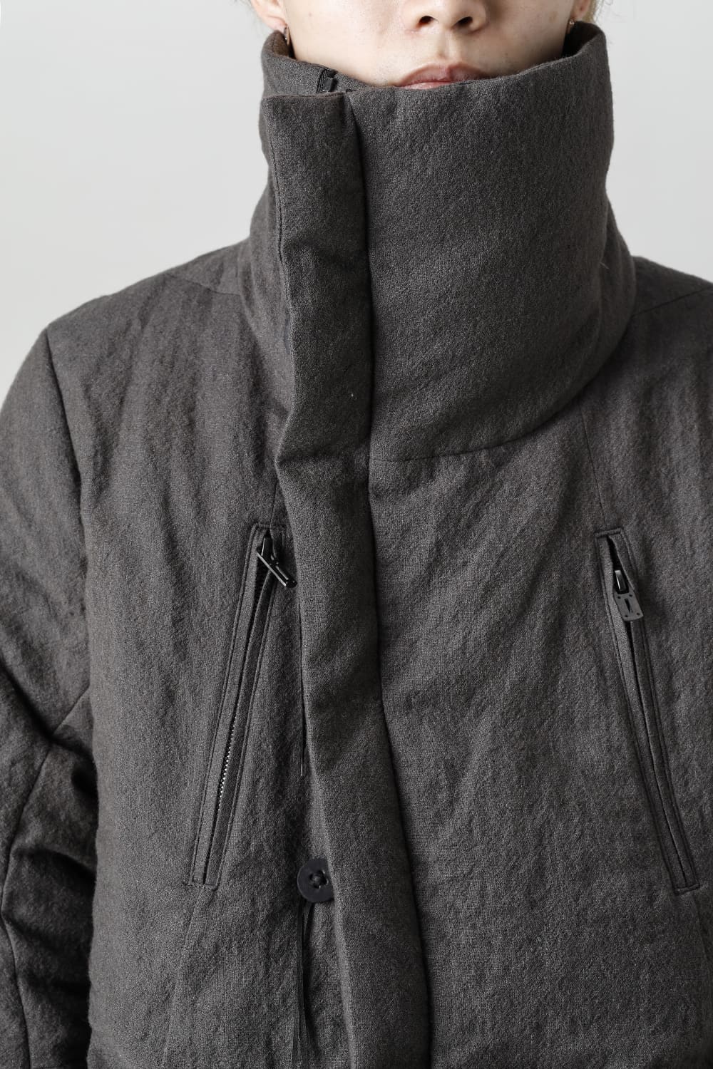 Wool x Linen High-Neck Long Down Coat CHARCOAL