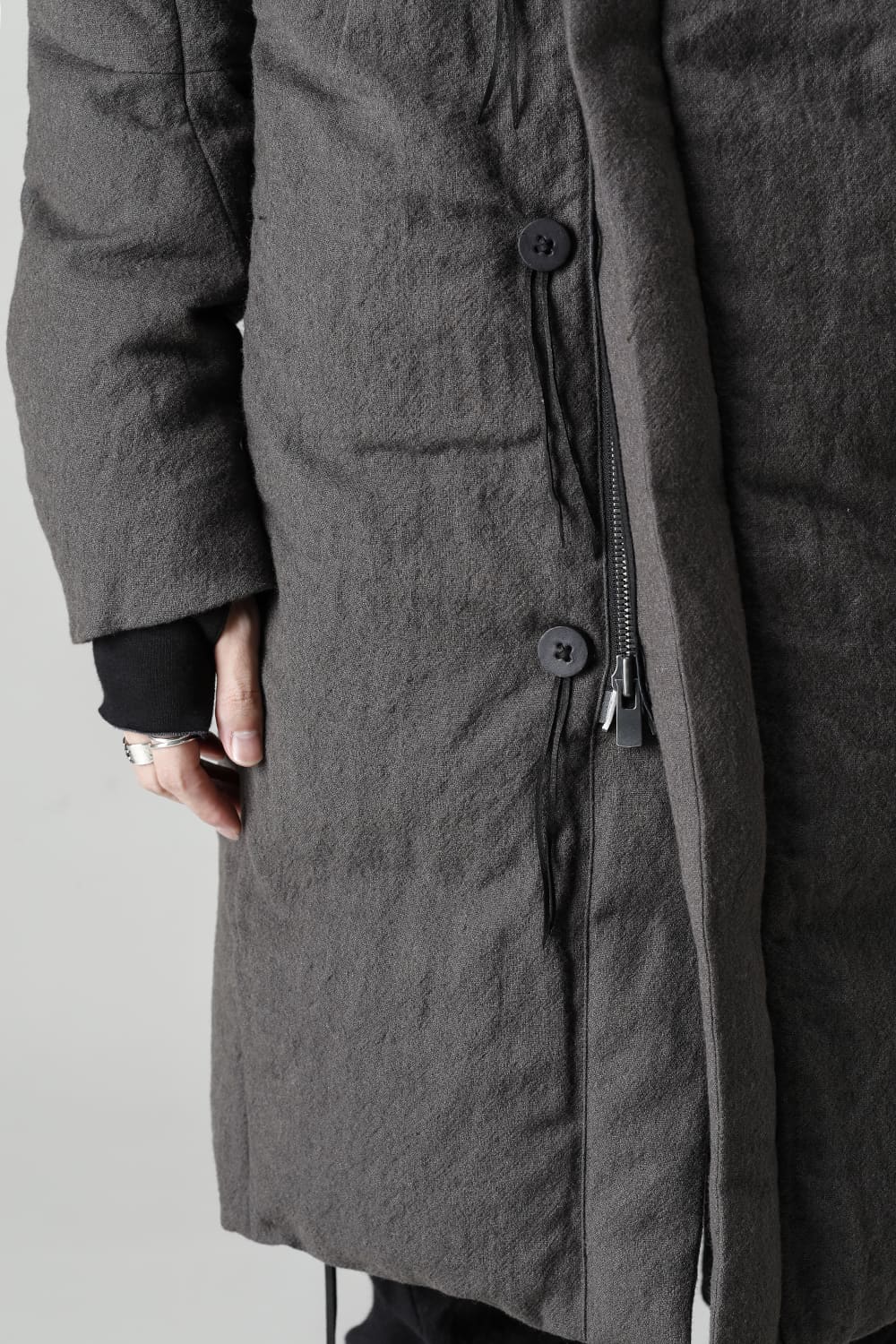 Wool x Linen High-Neck Long Down Coat CHARCOAL