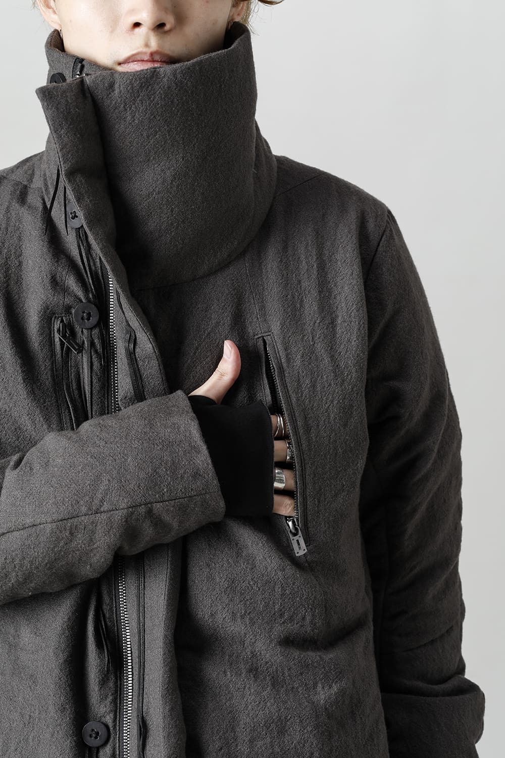 Wool x Linen High-Neck Long Down Coat CHARCOAL