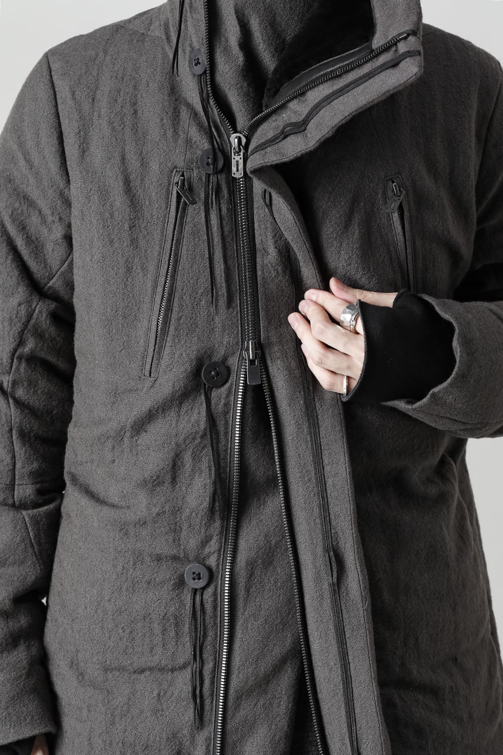 Wool x Linen High-Neck Long Down Coat CHARCOAL