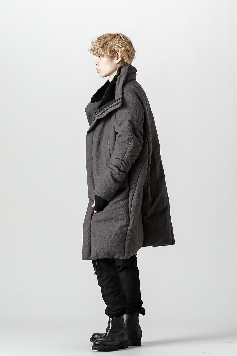 Wool x Linen High-Neck Long Down Coat CHARCOAL