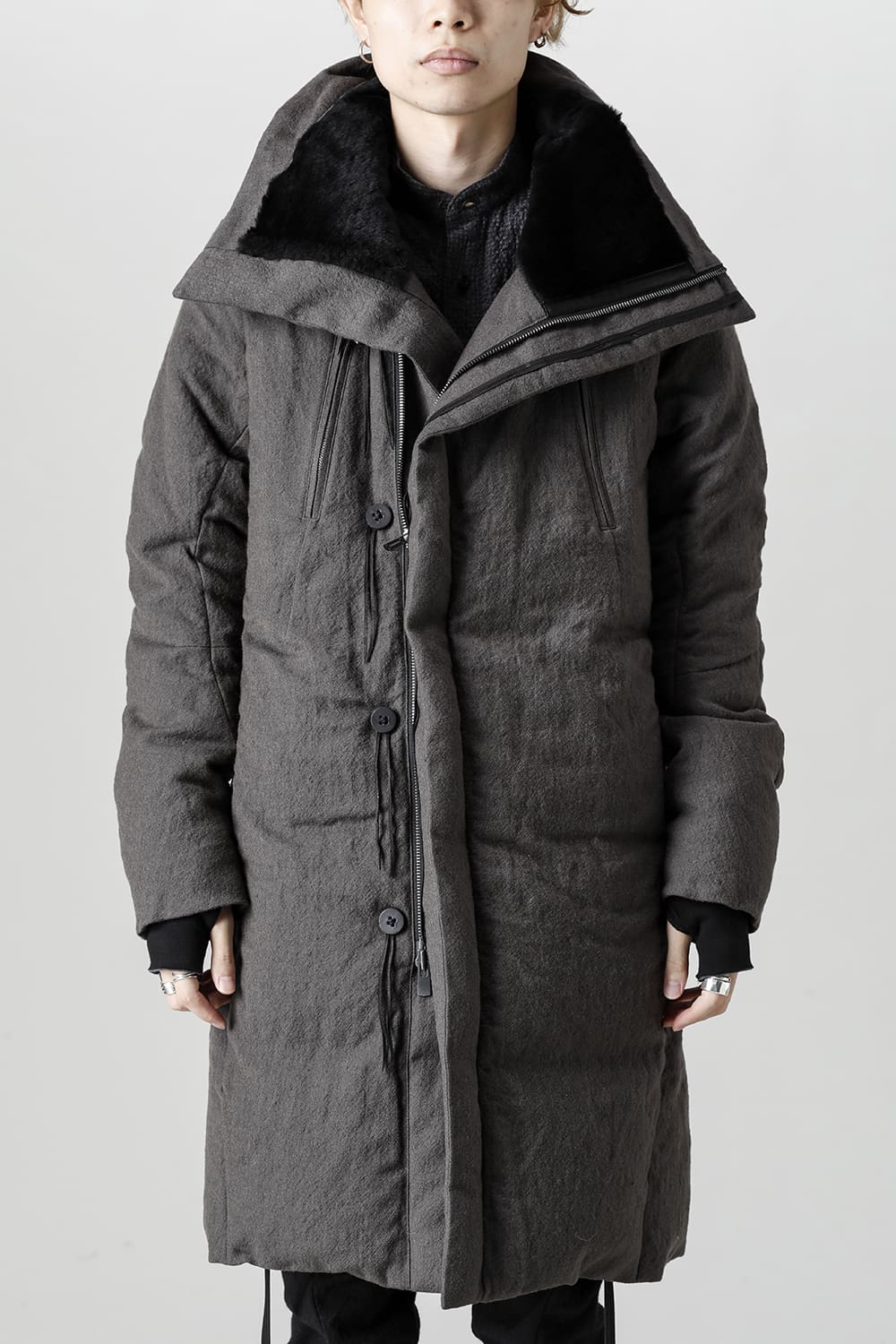 Wool x Linen High-Neck Long Down Coat CHARCOAL