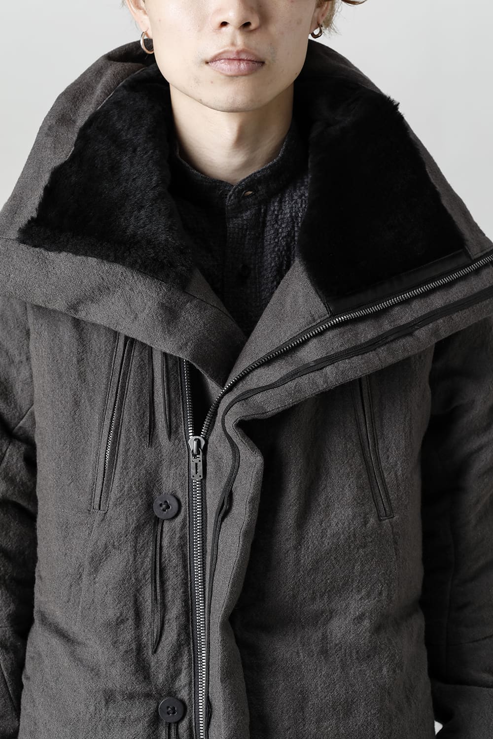 Wool x Linen High-Neck Long Down Coat CHARCOAL