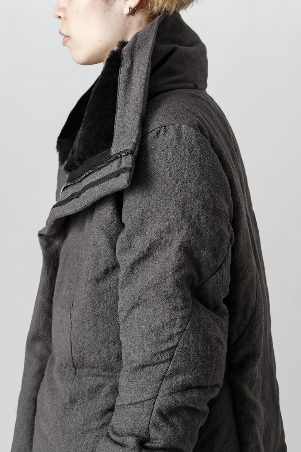 Wool x Linen High-Neck Long Down Coat CHARCOAL