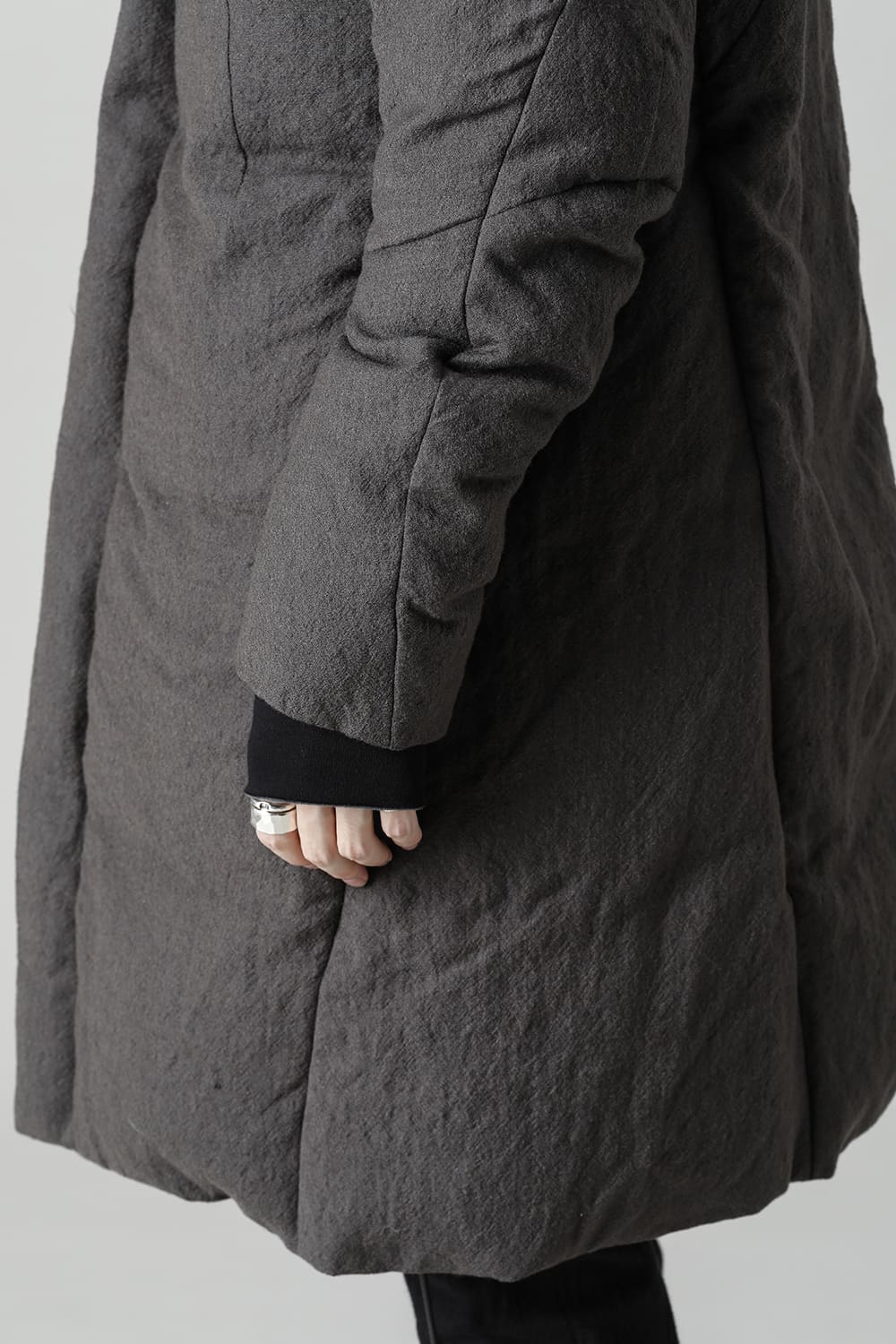 Wool x Linen High-Neck Long Down Coat CHARCOAL