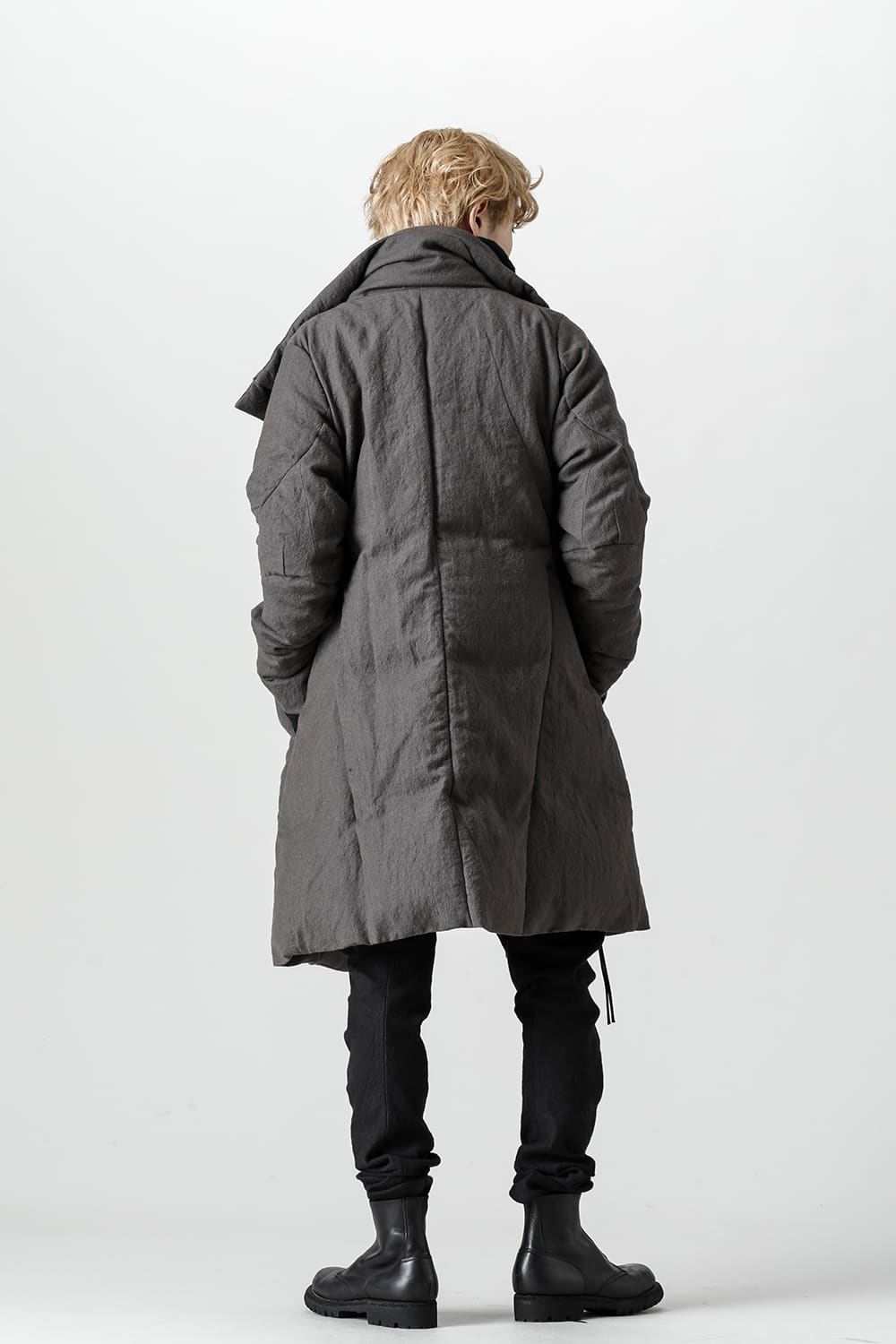 Wool x Linen High-Neck Long Down Coat CHARCOAL