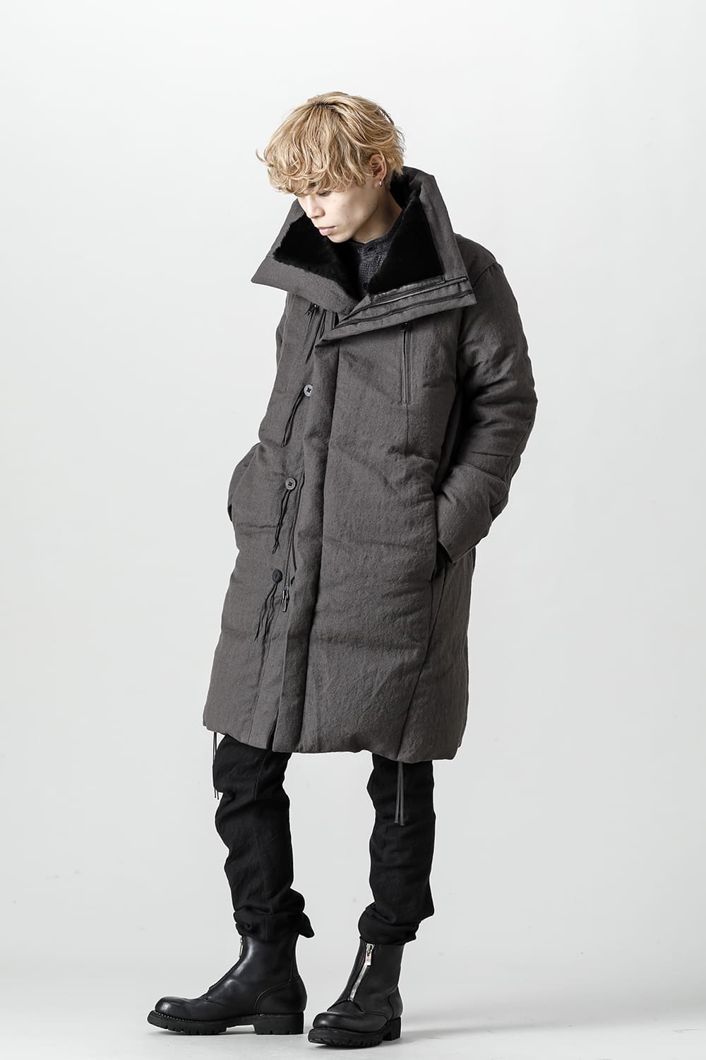 Wool x Linen High-Neck Long Down Coat CHARCOAL