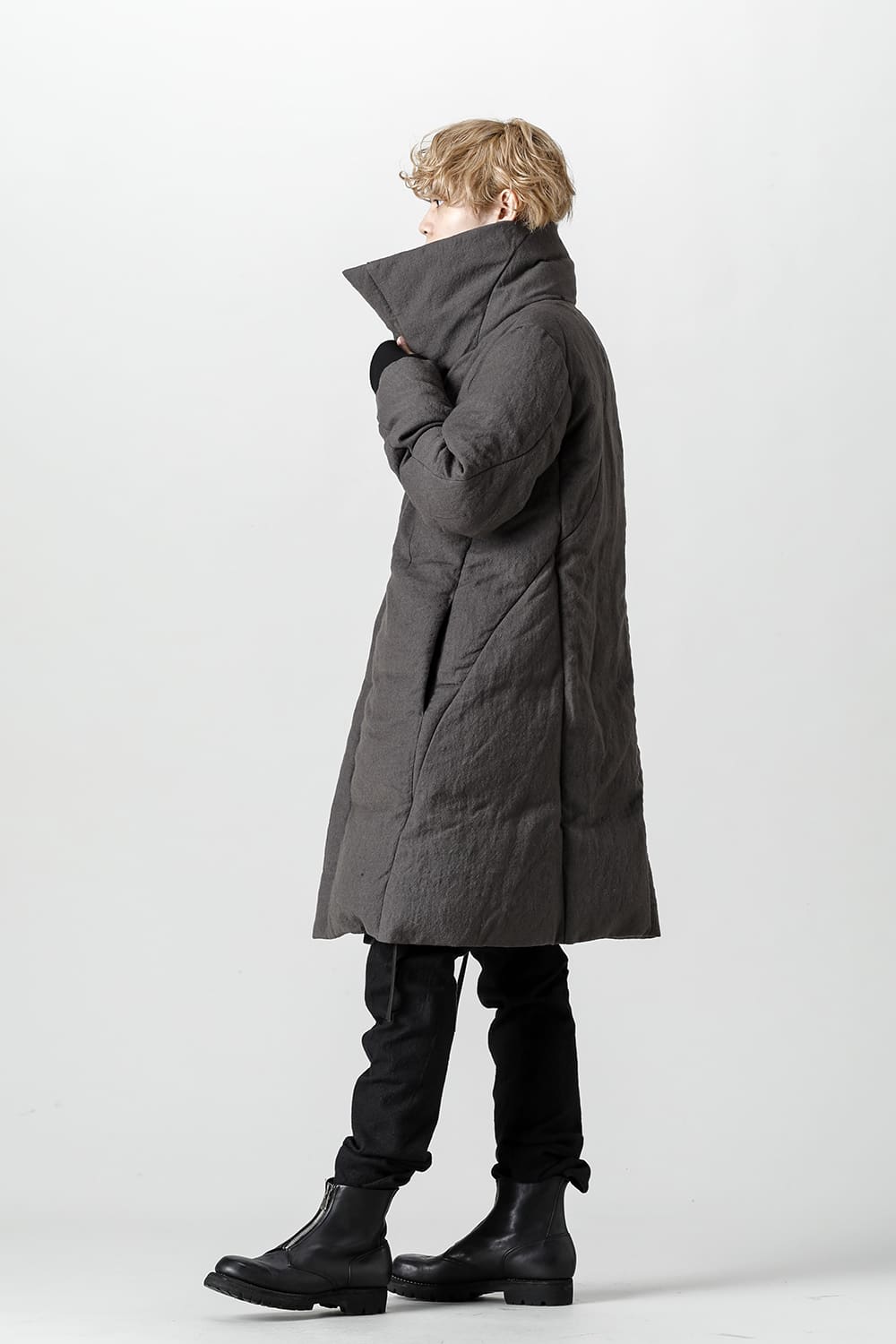 Wool x Linen High-Neck Long Down Coat CHARCOAL