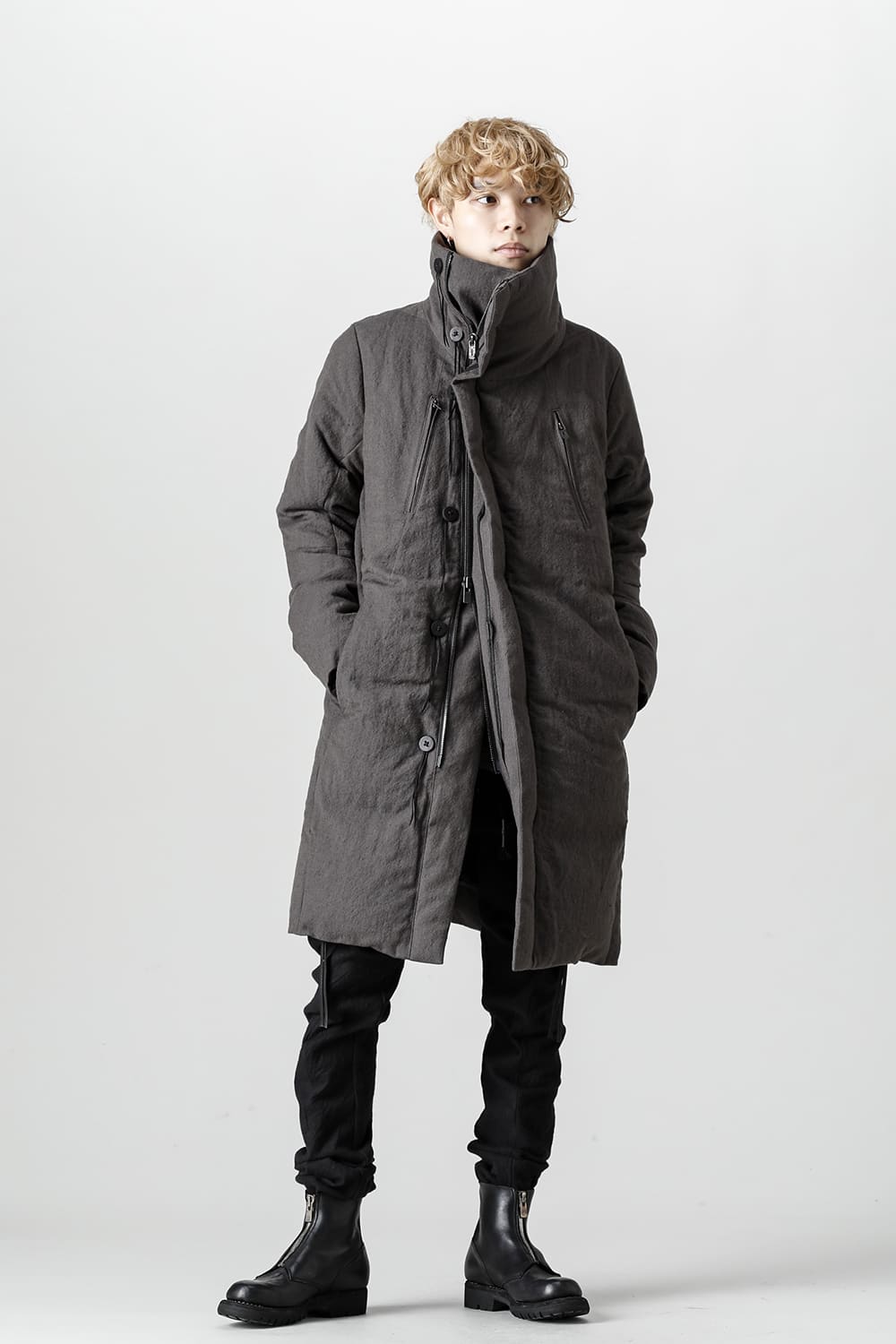 Wool x Linen High-Neck Long Down Coat CHARCOAL