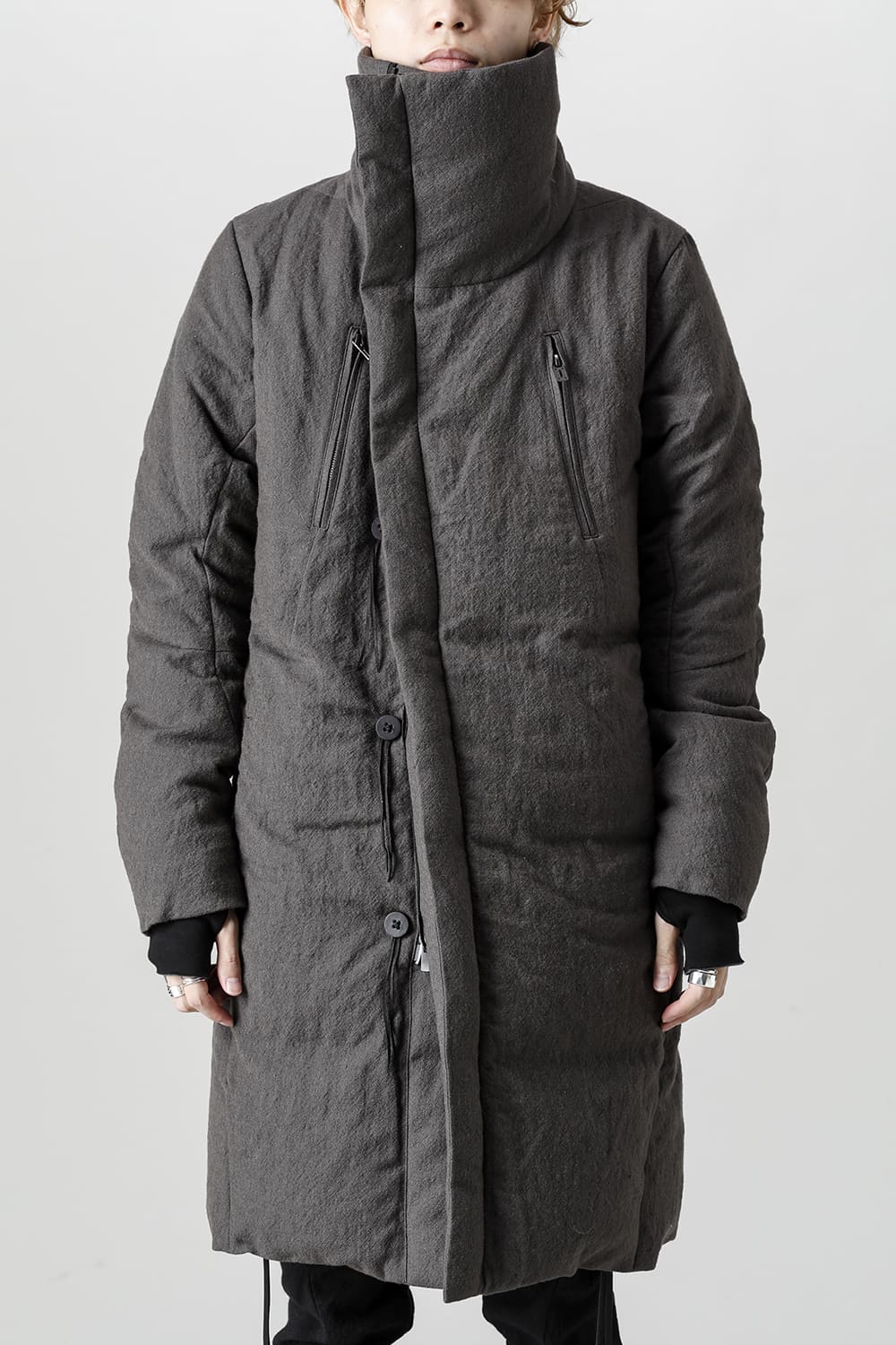 Wool x Linen High-Neck Long Down Coat CHARCOAL